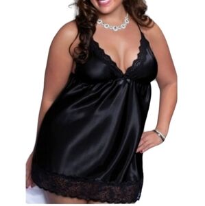 Black Satin Lace V Neck Nighty with Thong Bottom